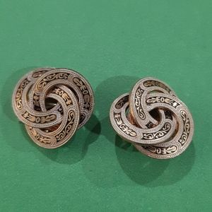 Pair of Vintage Spanish Damascene Clip Earrings, Gold & Black Spain